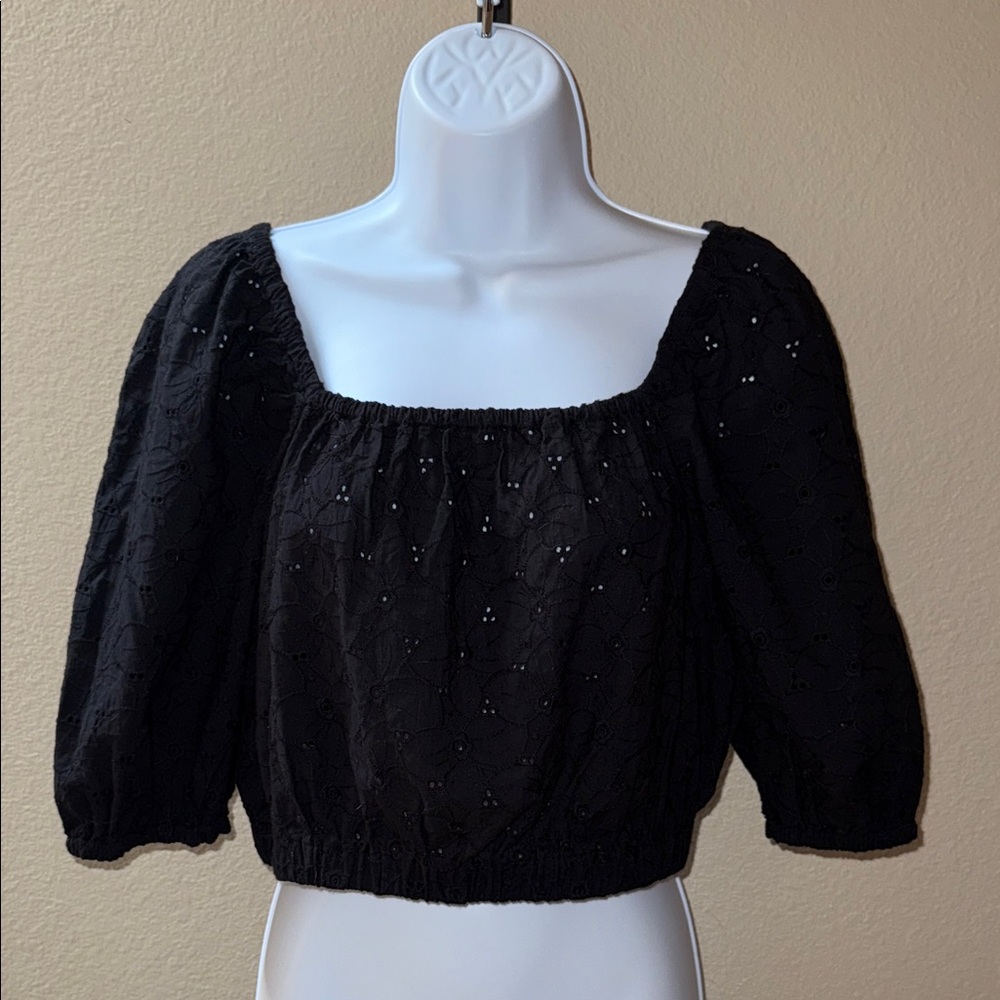 Princess Highway Black Eyelet Puff Sleeve Crop Top Blouse Women’s Size 8/10